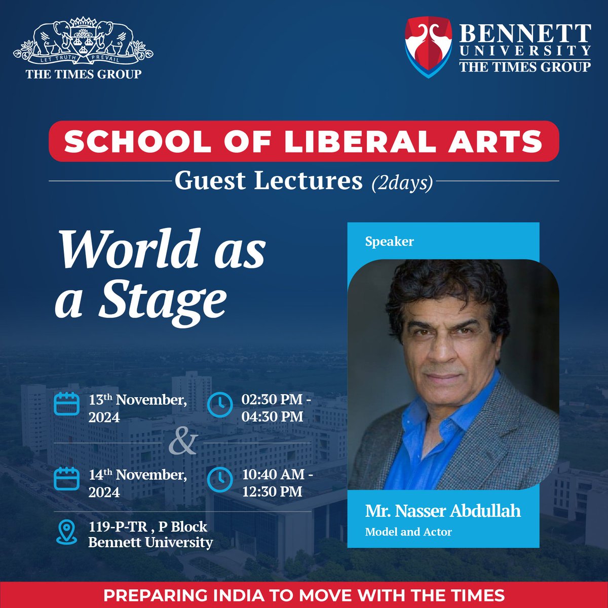 So_LABU's tweet photo. Get ready to be inspired!! Join us for a captivating two-day event, "World as a Stage," featuring renowned guest speaker Mr. Nasser Abdullah.
🗓️ November 13th &amp; 14th
📍 School of Liberal Arts, Bennett University 

 #WorldAsAStage  #LiberalArts #GlobalPerspective #NasserAbdullah https://t.co/izzFspAc3E