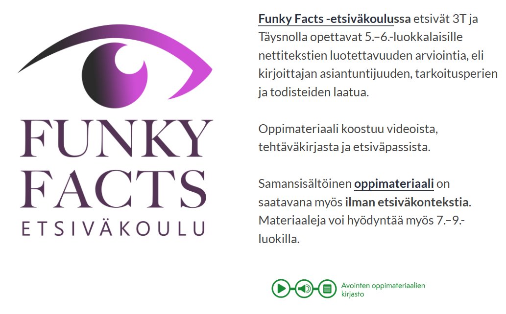 CRITICAL (@educritical) on Twitter photo Tällä ja ensi viikolla <a href="/jyu_okl/">Jyväskylän yliopiston opettajankoulutuslaitos</a>:n luokanopeopiskelijat toteuttavat kriittisen nettilukemisen FunkyFacts-etsiväkoulua 5. ja 6. luokkalaisille ympäri Suomen - yli 140 oppilasta mukana. <a href="/ckiili/">Carita Kiili</a>:n palkitun Etsiväkoulun materiaalit ovat täällä: aoe.fi/#/kokoelma/320 <a href="/SuomenAkatemia/">Suomen Akatemia | Research Council of Finland</a> Tällä ja ensi viikolla <a href="/jyu_okl/">Jyväskylän yliopiston opettajankoulutuslaitos</a>:n luokanopeopiskelijat toteuttavat kriittisen nettilukemisen FunkyFacts-etsiväkoulua 5. ja 6. luokkalaisille ympäri Suomen - yli 140 oppilasta mukana. <a href="/ckiili/">Carita Kiili</a>:n palkitun Etsiväkoulun materiaalit ovat täällä: aoe.fi/#/kokoelma/320 <a href="/SuomenAkatemia/">Suomen Akatemia | Research Council of Finland</a>