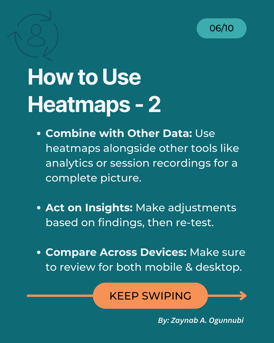 slimfit_zee's tweet photo. Step 1️⃣: Choose your goal! Define what you want to learn about user engagement.

Step 2️⃣—Choose the right heatmap tool for your specific insights.

#ux #Research #uxresearch #researchmethods #Tips #Heatmaps #researchtips #uxr #UserExperience #VisualTool #usercentereddesign #uxtip https://t.co/kG4eUCDKsw