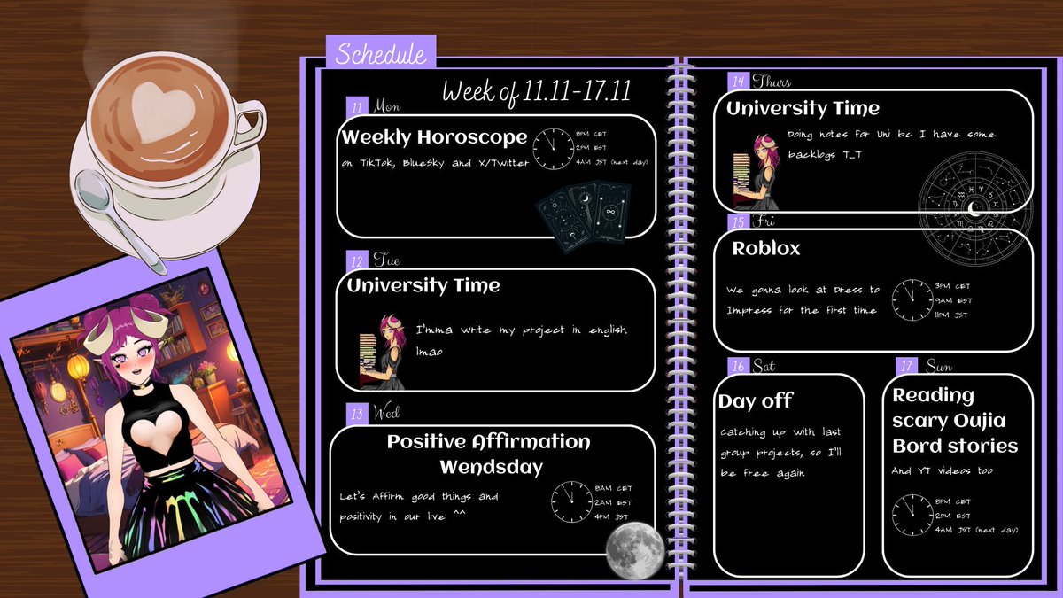 Lexi_the_witch's tweet photo. Hi, hiya hello my cutiepies 💜 💜 

Here's this week schedule 
Let's spend some nice time together 

Hope yall come to spend time with me ^^

#Vtubers #ENVtubers #weeklystreamschedule https://t.co/Dbe4Kl6etm