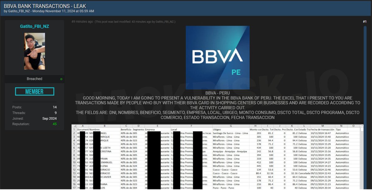 H4ckmanac's tweet photo. 🚨Data Breach Alert 🚨

🇵🇪Peru - BBVA Bank of Peru

A threat actor known as "Gatito_FBI_NZ" has claimed to have exploited a vulnerability in BBVA Bank of Peru, resulting in the exposure of sensitive customer transaction data.

The compromised information reportedly includes:

- DNI (National Identification Number)
- Full Names
- Benefits
- Customer Segment
- Merchant Name
- Location
- Geographical Code (Ubigeo)
- Transaction Amount
- Total Discount
- Program Discount
- Merchant Discount
- Transaction Status
- Transaction Date

Various samples were provided, including login credentials.

The confirmation or denial of these claims has yet to be verified
