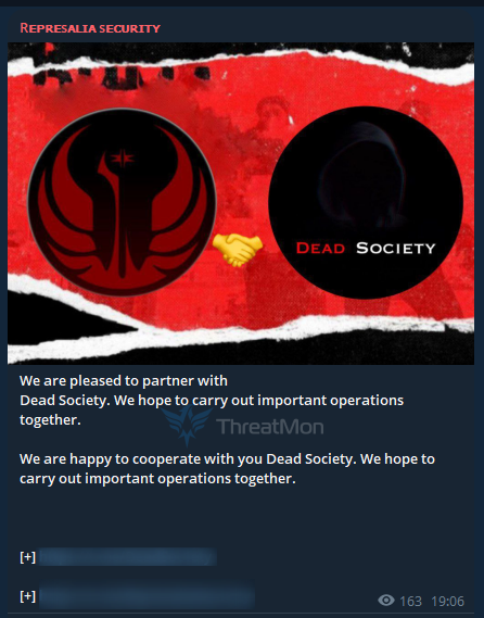 MonThreat's tweet photo. 🚨New Alliance Dead Society and Represalia Security🚨

A new partnership aimed at collaborating between the Dead Society and Represalia Security threat groups in future operations has been announced.

#CyberAlliance #DarkWeb #ThreatIntelligence https://t.co/ZHkZlmJwzZ