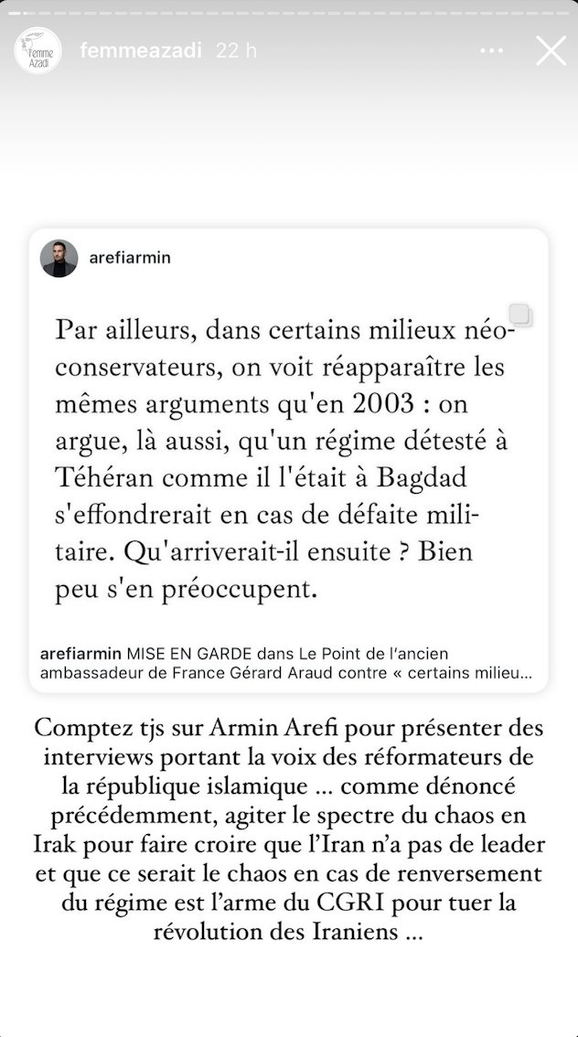 arminarefi's tweet photo. INJURES. Il est sain et souhaitable, en démocratie, d’avoir un regard critique sur les médias et le travail des journalistes. En revanche, la pratique qui consiste, pour certains militants, dont le collectif royaliste @femmeazadi et sa co-fondatrice Mona Jafarian, d’injurier voire de diffamer les journalistes pour tenter de les faire taire et se donner une visibilité, est non seulement déplorable mais puni par la loi. 

En réaction à la publication d'un tweet où je relayais les propos de l'ancien ambassadeur de France @GerardAraud tenus dans une chronique dans @LePoint, j'ai fait l'objet de la part de ce collectif de propos injurieux qui ont été constatés et remis à des professionnels de justice. 

Les réseaux sociaux ne sont pas un lieu d’impunité, où l'on échapperait aux lois de la République. Je saisirai la justice autant de fois que nécessaire.