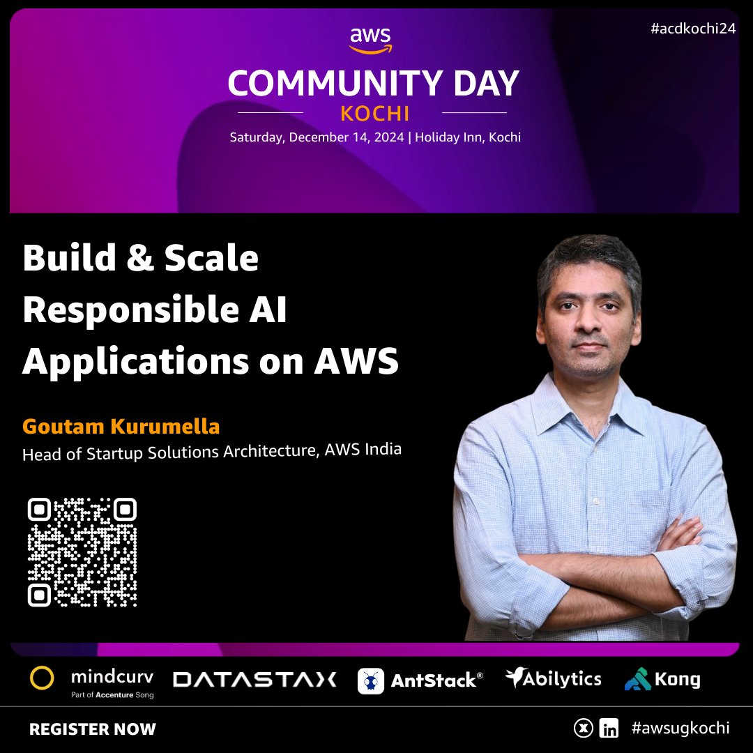 awsugkochi (@awsugkochi) on Twitter photo ๐ Exciting News!
Join us at AWS Community Day Kochi 2024 for a keynote by Goutam Kurumella on โBuild & Scale Responsible AI Applications on AWSโ!
๐๏ธ Register: communityday.awsugkochi.in
Donโt miss out! ๐ #AWSCommunityDay #awsugkochi #GenAI #acdkochi24 <a href="/awscloud/">Amazon Web Services</a> <a href="/AWSstartups/">AWS Startups</a> ๐ Exciting News!
Join us at AWS Community Day Kochi 2024 for a keynote by Goutam Kurumella on โBuild & Scale Responsible AI Applications on AWSโ!
๐๏ธ Register: communityday.awsugkochi.in
Donโt miss out! ๐ #AWSCommunityDay #awsugkochi #GenAI #acdkochi24 <a href="/awscloud/">Amazon Web Services</a> <a href="/AWSstartups/">AWS Startups</a>