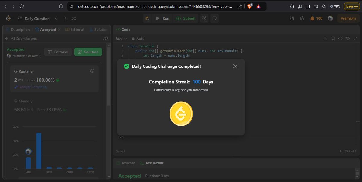 Prvbhjot's tweet photo. Just hit 100 days of LeetCode daily challenges! 

Sure, I broke the streak a few times, but let’s just call it “strategic rest days.” 💻 Still, feeling like a coding champ (even if half the time I’m Googling “how to solve this…”) https://t.co/Nqjng18AYf