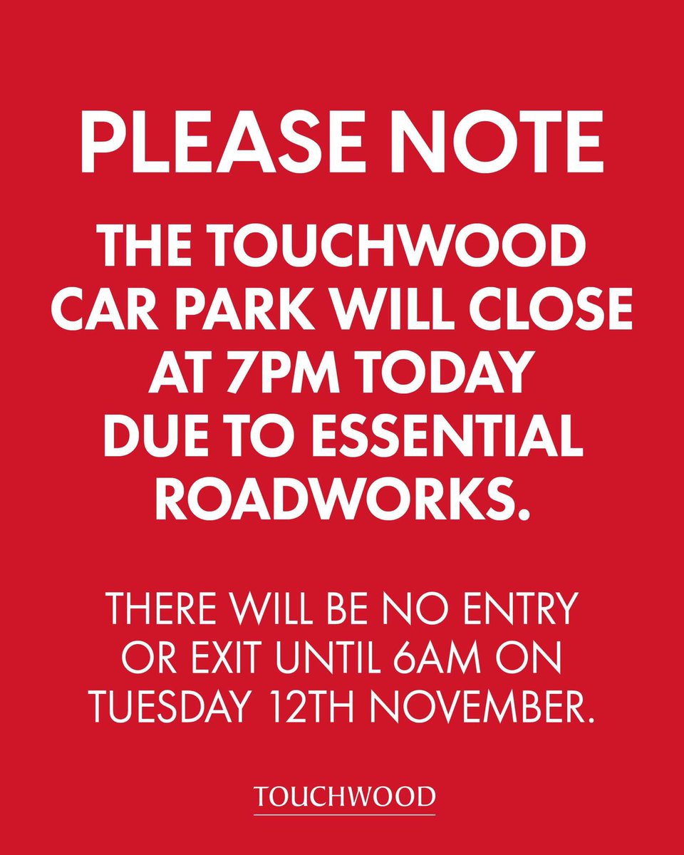 The Touchwood car park will close at 7pm today, Monday 11th November due to essential roadworks. There will be no entry or exit until 6am on Tuesday 12th November.

#solihull