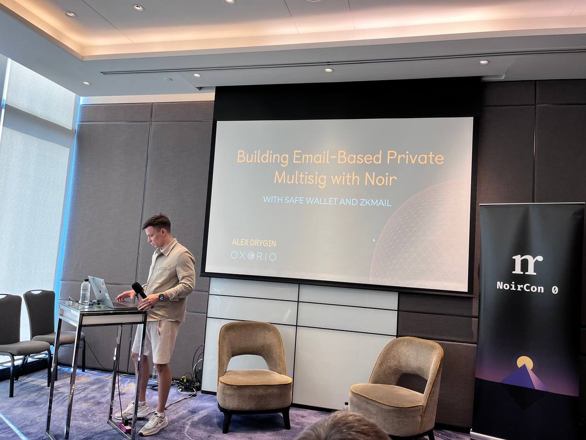🟠 Alex Drygin from <a href="/0xorio/">OXORIO</a> is taking the stage at NoirCon in Bangkok!  

We are speaking about building an email-based private multisig with Noir.

With help from the 

<a href="/aztecnetwork/">Aztec</a> <a href="/safe/">Safe.eth</a> <a href="/zkemail/">ZK Email</a> 👋
 
More updates from <a href="/EFDevcon/">Devconnect ARG</a> are coming!