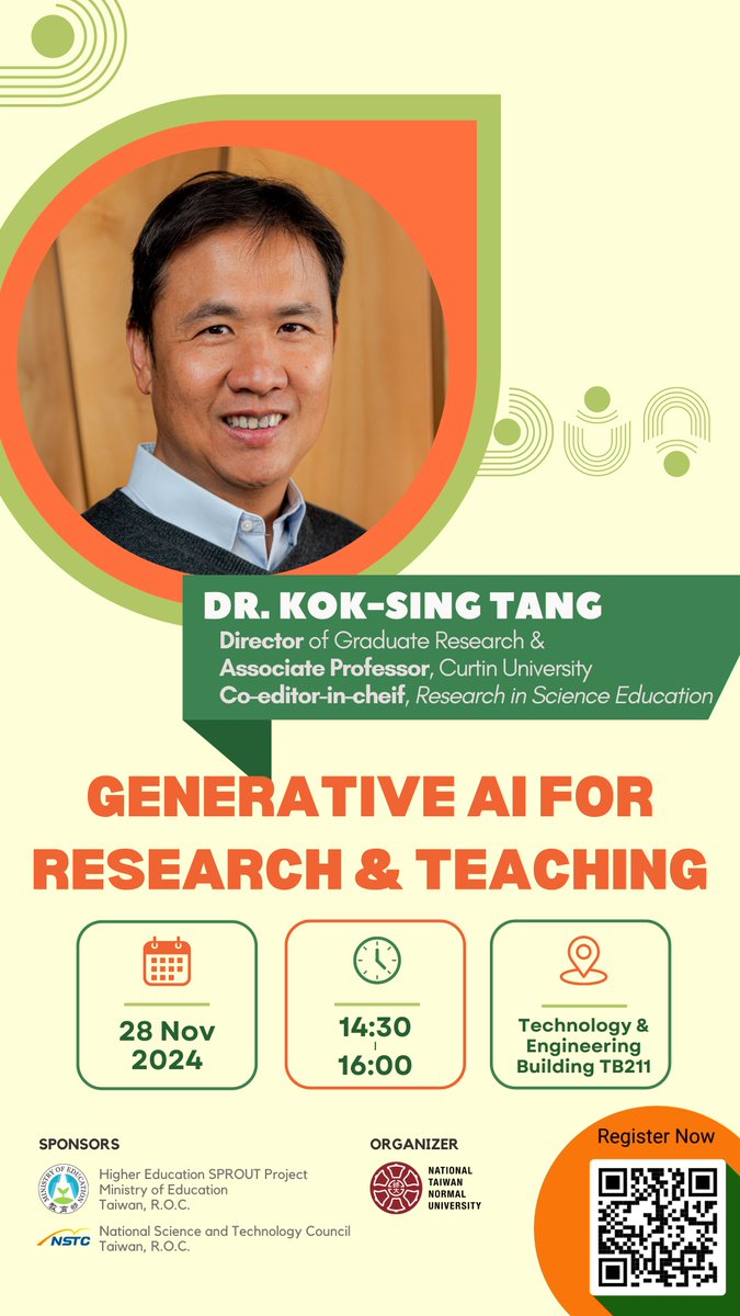 I'm excited to give this keynote lecture on Generative AI for Research and Teaching at the National Taiwan Normal University on 28 Nov 2024. I will be speaking on the use from an education researcher's, teacher educator's and editor's perspective #GenAI #AIED