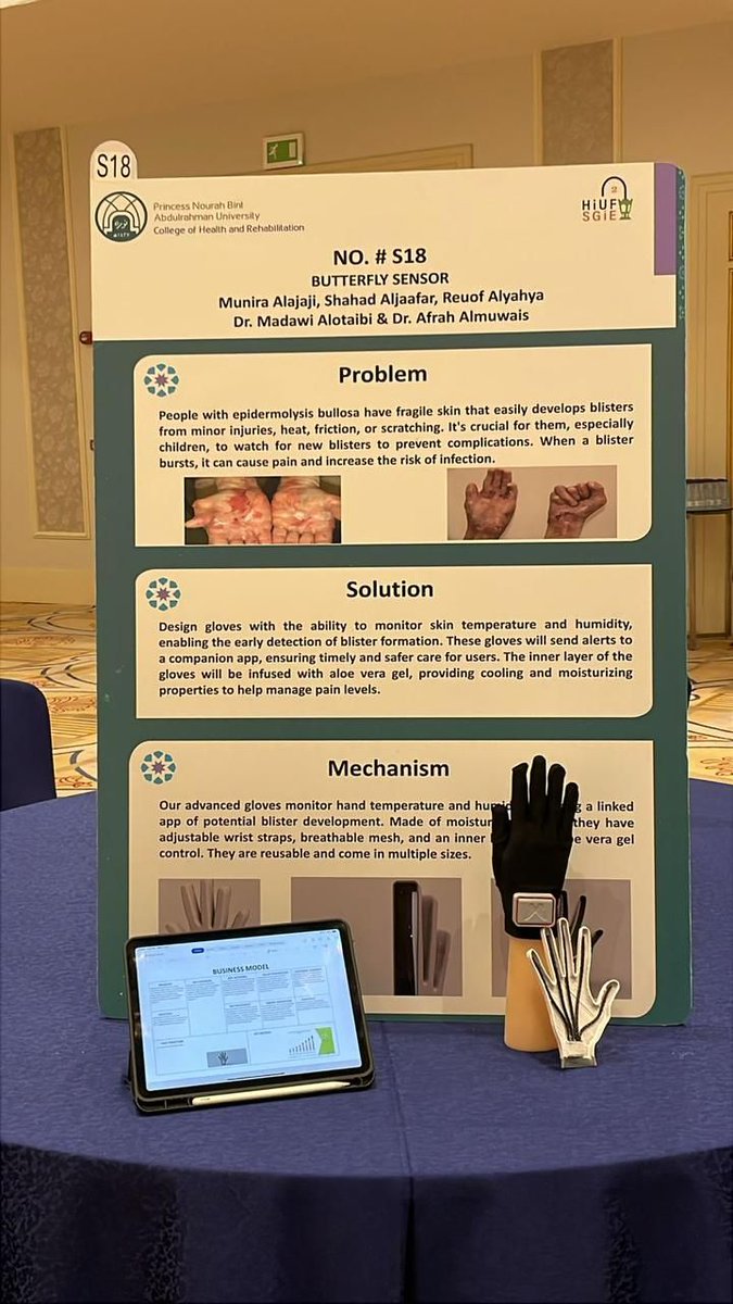 🇸🇦 إبداع نسائي سعودي يُتوَّج بالذهب العالمي! 🌟

طالبات العلاج الطبيعي بجامعة الأميرة نورة يبتكرن "قفاز جلد الفراشة" لمرضى الجلد الفقاعي ويحصدن ذهبية وجائزة خاصة من إندونيسيا في SGIE 2024 🏆

القفاز المبتكر يعمل بنظام ذكي لاستشعار درجة الحرارة والرطوبة ويرسل تنبيهات للهاتف لحماية