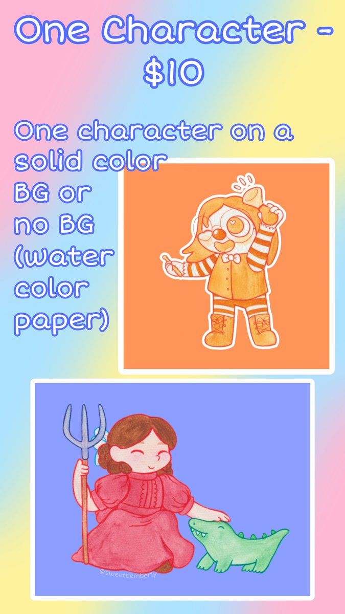 sweetbemberly's tweet photo. Commission Info!!! 🎨🐑 

I'm a cutesy/cartoony watercolor artist!! 🖌 cute animals and little critters are my best work🌸💕

I'm open to most ideas, but no n/s/f/w please!
DM me to request!! 💗
#commissionsopen #smilingfriends #fursona #furrycommission #clownart #kawaiiart https://t.co/A8WdKzNKuz