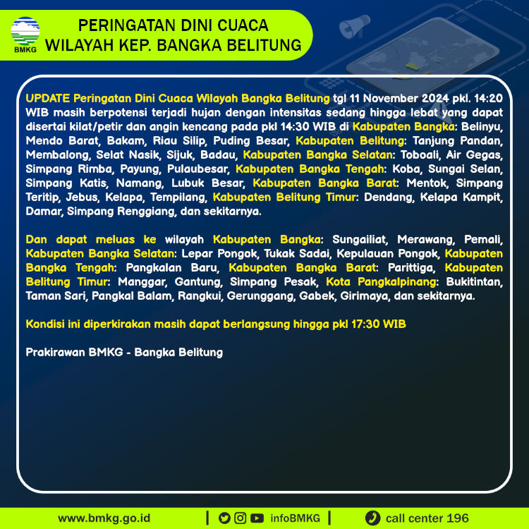 infoBMKG's tweet photo. Update Peringatan Dini Cuaca Wilayah - Bangka Belitung Tgl. 11 November 2024 pkl. 14:30 WIB
Prakirawan - BMKG - Bangka Belitung
https://t.co/eKEwxFDs9N https://t.co/LmcJuhSq1A
