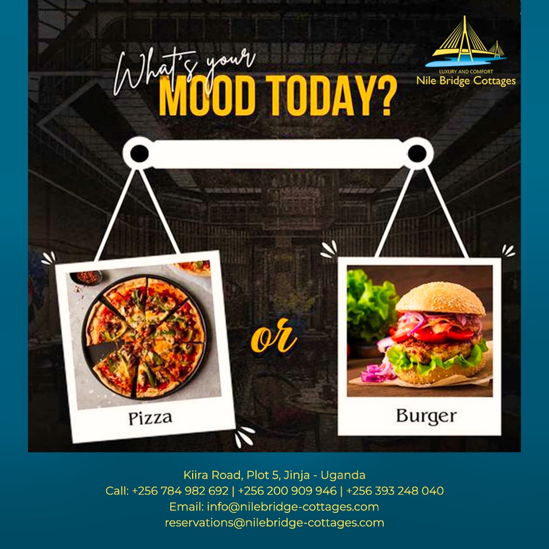 What's your Mood today? 

#Pizza or #Burger?

For all the restaurant services, Check us out on Kiira Road or Call on 0784982692
#NileBridgeExprience