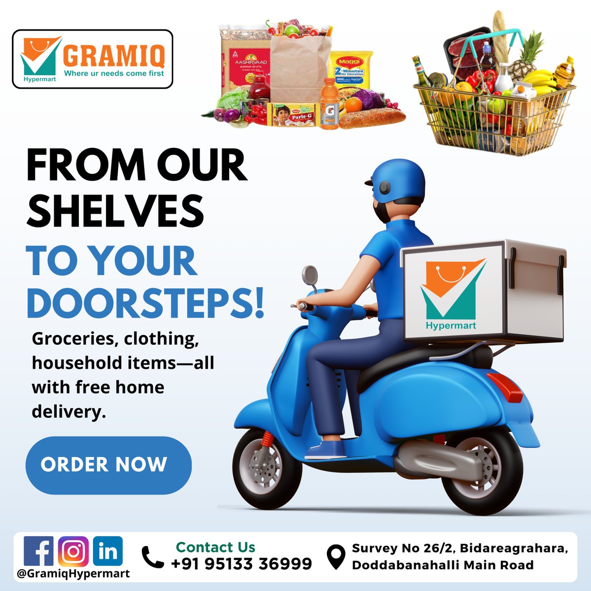 GramiqHypermart's tweet photo. Shop from the comfort of your home with Gramiq Hypermart! 🏠 Enjoy FREE home delivery on groceries, household essentials, clothing, and more. Let us bring everything you need right to your door!

#GramiqHypermart #FreeHomeDelivery #ConvenienceAtYourDoor #ShopLocal https://t.co/1Ax6IFqMDp