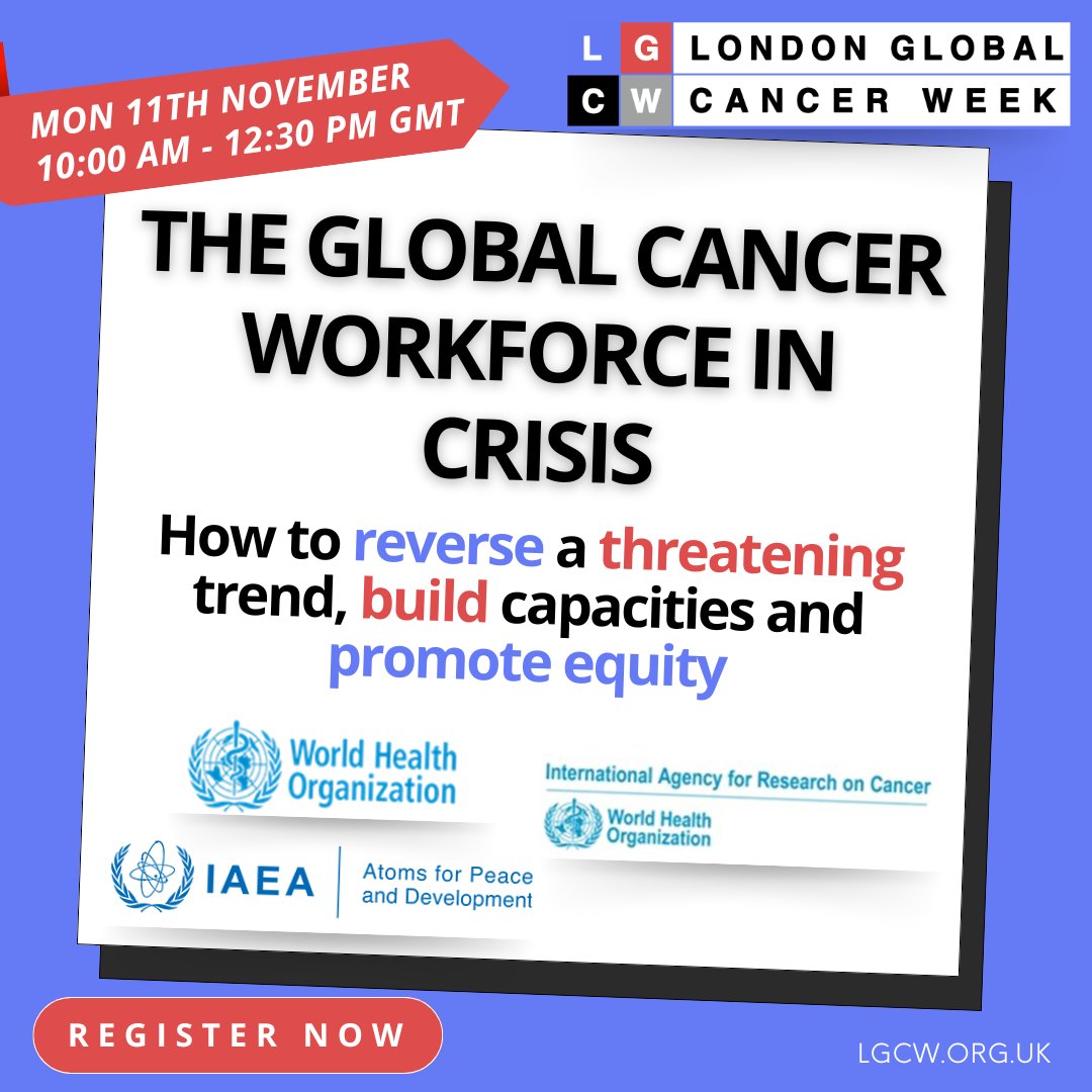 Join us at London Global Cancer Week today at 10:00 am - 12:30 pm GMT for a key session hosted by: <a href="/WHO/">World Health Organization (WHO)</a> <a href="/iaeaorg/">IAEA - International Atomic Energy Agency ⚛️</a> and <a href="/IARCWHO/">IARC</a> 
Join experts and be part of the solution. Register now! &gt; bit.ly/3XgW7JT

#LondonGlobalCancerWeek #CancerWorkforce #HealthEquity #GlobalHealth
