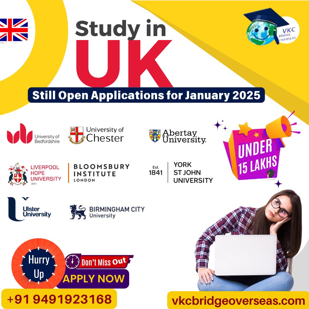 VkcBridge's tweet photo. Study in the UK with Affordable Tuition – Under 15 Lakhs &amp; 10 Lakhs! 🎓

Applications Still Open for January 2025 – Don’t Miss Out!

#StudyInUK #AffordableEducation #January2025Intake #VKCBridgeOverseas https://t.co/JPRhmoc7h6