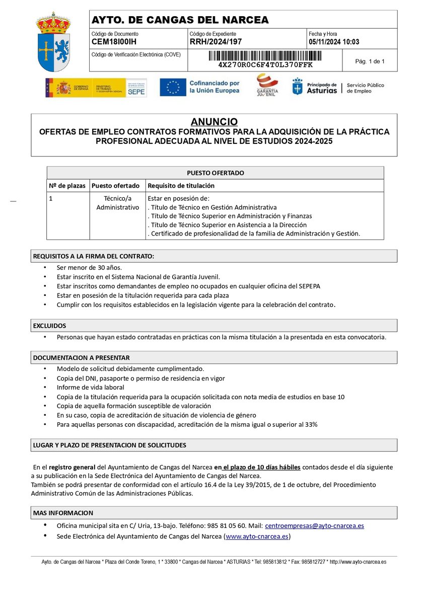 oijnarcea's tweet photo. #empleosuroccidente
Contratos en prácticas para el ayuntamiento de Cangas del Narcea.
1 plaza de técnico/a administrativo.
Plazo presentación instancias: 21 de noviembre.
 información : Sede Electrónica del Ayuntamiento de Cangas del Narcea https://t.co/yrY0y31dLj