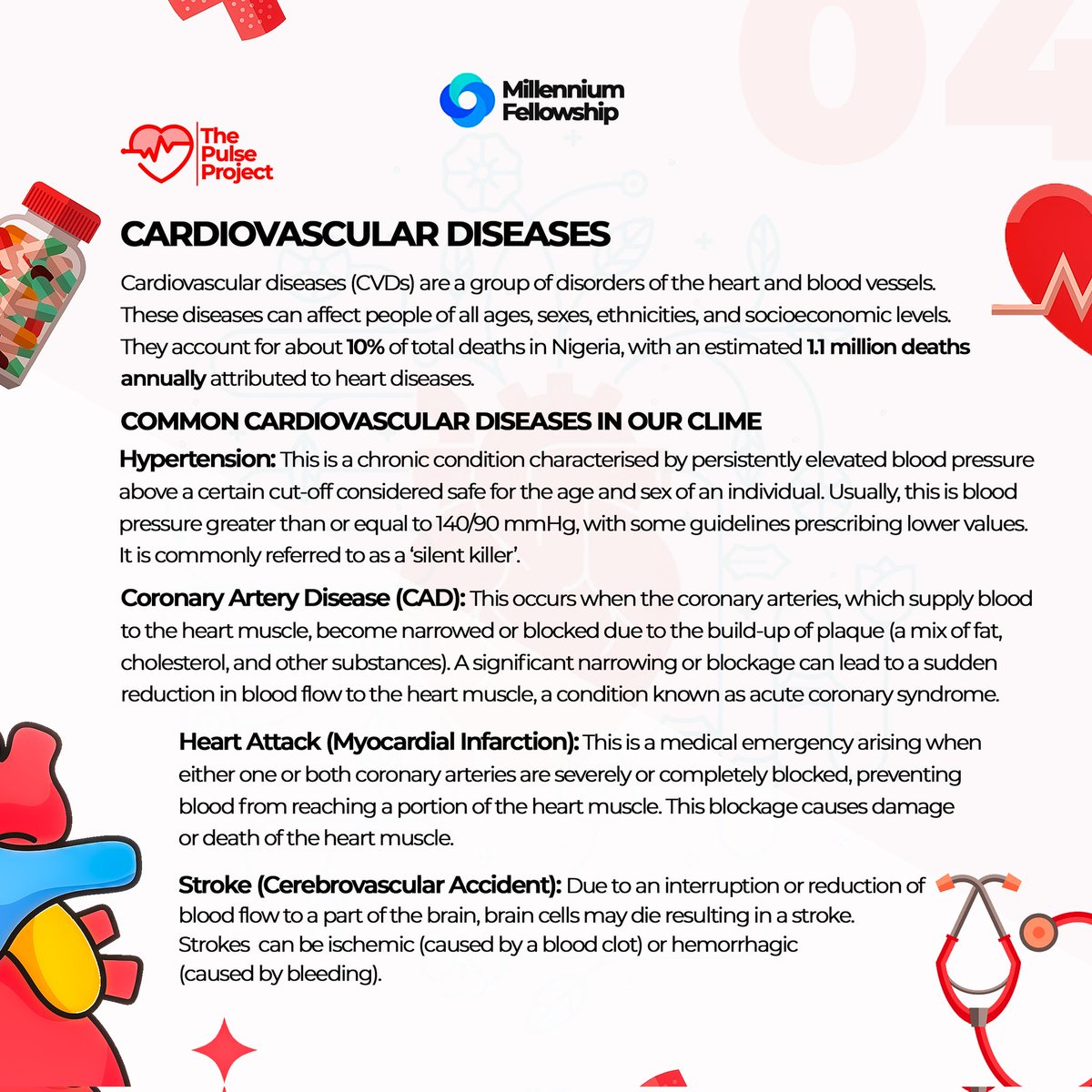 pulseproject_24's tweet image. 🫀 LET’S TALK CVDs🫀

What exactly are CVDs? What are the common types? How do they impact the populace? Let’s explore.

_Be aware, beat it!_
 
#cardiohealth 
#thepulseproject