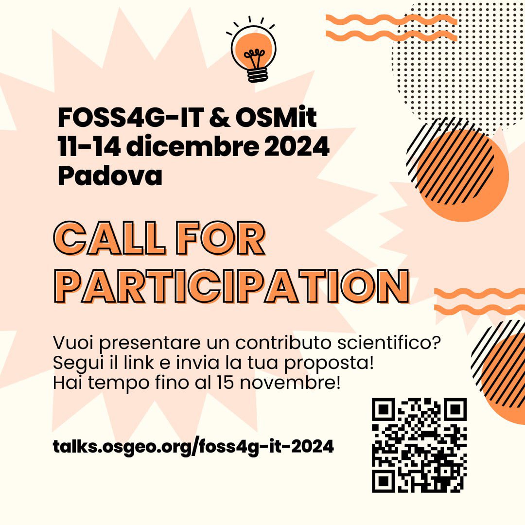 OpenStreetMap Italia (@openstreetmapit) on Twitter photo 🌍 Call for Participation - #FOSS4GIT2024 🌍
Vuoi presentare un contributo scientifico? Partecipa a Padova, 11-14 dicembre!
📅 Scadenza invio proposte: 15 novembre
🔗 talks.osgeo.org/foss4g-it-2024
Unisciti alla community open source!
<a href="/gfossit/">Associazione Gfossit</a> @WikimediaItalia 🌍 Call for Participation - #FOSS4GIT2024 🌍
Vuoi presentare un contributo scientifico? Partecipa a Padova, 11-14 dicembre!
📅 Scadenza invio proposte: 15 novembre
🔗 talks.osgeo.org/foss4g-it-2024
Unisciti alla community open source!
<a href="/gfossit/">Associazione Gfossit</a> @WikimediaItalia