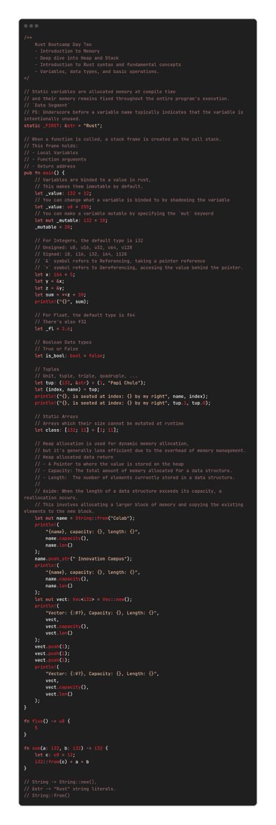 abeeujah's tweet image. Week 1 of Rust Bootcamp by @Blockheaderweb3 recap:
Day 1: 🚀 Setup & Intro
Day 2: 🔍 Memory & Syntax
Day 3: 💡 Primitive Types & Exercises
Week 2 kicks off today with conditionals, loops, & pattern matching and builds up to organizing code into modules.
hackmd.io/@Abeeujah/SkN6…