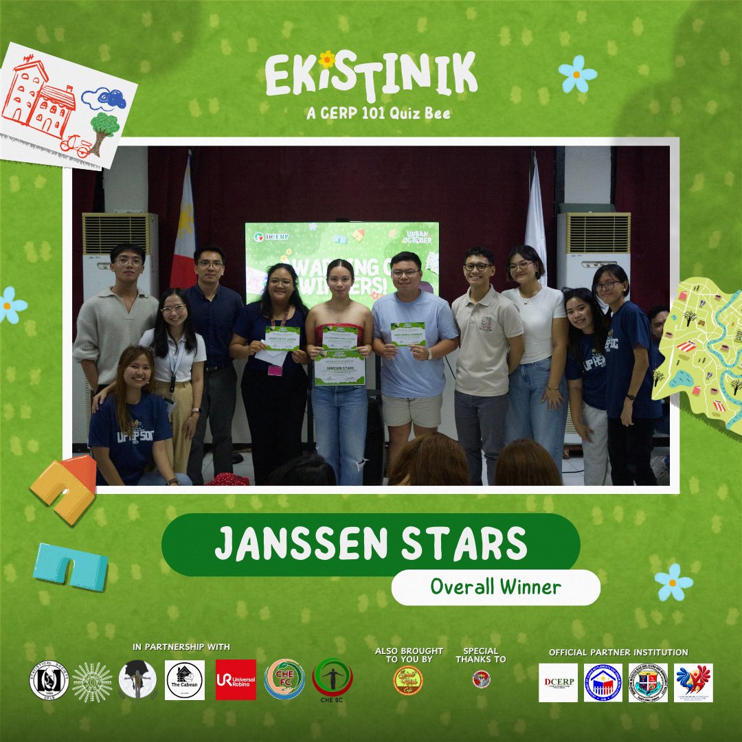 uphspsoc's tweet photo. After a tough competition, our victor has emerged! ⭐️

Congrats to the EKISTINIK 2024 Quiz Bee champs, the ✨ Janssen Stars ✨! Well done to all teams for their effort! 👏

#UrbanOctober
#Ekistinik2024 https://t.co/PSIZhWA42I