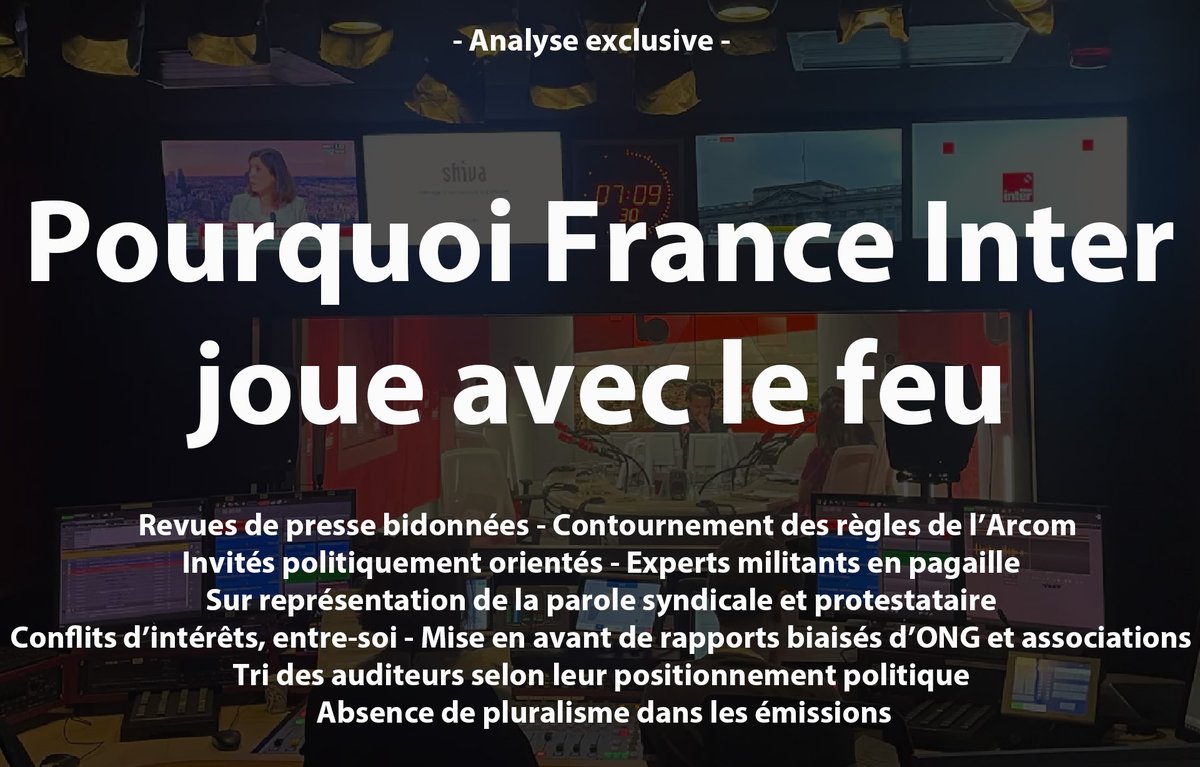 medias_citoyens's tweet photo. POURQUOI FRANCE INTER JOUE AVEC LE FEU - Le 21 octobre 2024, pour la première fois depuis le lancement de Médias Citoyens (il y a près de 2 ans), nous choisissions d'activer la mise sous surveillance d'un média, France Inter. Depuis des mois, nous constatons de très nombreuses violations des règles éthiques sans la moindre intervention de la direction ni de l'organisme de contrôle. Tour d'horizon d'agissements susceptibles de mettre en péril la crédibilité de la radio publique...

CONTOURNEMENT DES RÈGLES DE L'ARCOM - Ce 10 juin 2024, lendemain des élections européennes et premier jour de la pré-campagne des Législatives, c'est la mobilisation au 7-10 d'Inter. Sur 3 invités politiques sélectionnés par la rédaction, 2 appartiennent au futur NFP et vont disposer à tous les 2 de près de 50 minutes d'antenne en peak time (Olivier Faure aura 20 minutes et François Ruffin 30 minutes). L'objectif poursuivi par la rédaction ne laisse guère peu de place au doute, il s'agit d'œuvrer à ce que la gauche se coalise en vue des échéances cruciales qui se dessinent. Ce barnum improbable, digne d'une officine politique, se fera dans le dos de l'organisme de contrôle car il intervient quelques jours avant le décompte officiel des temps de parole par l'Arcom.

REVUES DE PRESSE BIDONNÉES - Chaque matin vers 8h50, les auditeurs de France Inter ont l'habitude d'entendre Claude Askolovitch et ses revues de presse très particulières. Il ne s'agit pas, pour le journaliste de gauche, de synthétiser les grands titres de la presse français mais plutôt de piocher les articles qui siéent à sa lecture apocalyptique de la France. Au programme, douleurs immenses, souffrances sans fin et injustices causées par l'État avec un barycentre éditorial qui oscille entre Mediapart, Libération, L'Humanité et Le Monde. Durant de très longues minutes, le journaliste à demi militant égrène une vision du monde en forme de manifeste politique, n'hésitant pas à louer les multiples qualités de François Ruffin dès qu'il en a l'occasion.

Le week-end, Carine Bécard prend le relais et distille sa propre vision de l'actualité entre mise en avant des conflits sociaux, articles fielleux envers le chef de l'État (qu'elle qualifiait de "pervers narcissique" il y a peu) et biais de négativité. Là encore, il ne s'agit pas de synthétiser l'actualité mais bien de la commenter, de l'amender selon le logiciel idéologique maison.

EXPERTS MILITANTS EN PAGAILLE - S'il y a bien un domaine dans lequel la rédaction d'Inter excelle, c'est celui des experts militants. D'un Nicolas Demorand capable de faire passer l'activiste d'extrême gauche Nicolas Framont (anticapitaliste virulent, militant pro-palestine, adepte de la "guerre des classes") pour un simple "sociologue de formation qui intervient dans les entreprises en tant qu'expert en santé, sécurité et conditions de travail" (20 octobre 2024) à un Ali Baddou qui omet de mentionner les liens de son invitée Rebecca Amsellem avec le parti socialiste (08 novembre 2024), les experts militants pullulent dans les studios d'Inter.
 
En pleine violation des règles sur le pluralisme, il s'agit de flouer les auditeurs en laissant croire que l'invité(e) est parfaitement neutre alors qu'il appartient à un courant idéologique identifié. Pire, cette escroquerie éditoriale se fait au nez et à la barbe de l'Arcom puisque les temps de parole de ces "experts" ne se trouve pas décomptée du camp politique auquel ils appartiennent.

INVITÉS POLITIQUEMENT ORIENTÉS - De nombreuses émissions de France Inter utilisent un procédé complémentaire à celui des experts militants. Il s'agit de convier des invités non politiques - sans préciser leur logiciel idéologique - sachant que celui-ci ne fait pas le moindre doute (parcourir le fil X des personnes concernées suffit généralement à être fixé). De Zoom zoom zen (tous les jours de 16 heures à 18 heures) à Bistroscopie (présentée chaque samedi par Charline Vanhoenacker), la liste des invités politiquement orientés est sans fin et ne sert toujours qu'un seul et même camp politique...

Lucie Castets, candidate de la gauche NFP ; Léonora Miano, auteure de « dix nuances de foufoune » proche des gauches radicales communautaristes (LFI) ; Melha Bedia Humoriste et actrice proche des gauches radicales ; Jacques Rancière, philosophe nihiliste proche de LFI, Alain Damasio : auteur de science-fiction proche des gauches radicales ; Bernard Thibaut, ex secrétaire général de la CGT de 1999 à 2013, Gaspard Gantzer (gauche NFP), Benoit Hamon (gauche NFP), Aurélien Bellanger (extrême gauche), Najat Vallaud-Belkacem (gauche ONG)...Etc etc.

SUR REPRÉSENTATION DE LA PAROLE SYNDICALE ET CONTESTATAIRE - Syndicats enseignants (SNUIPP, SNES FSU, SNUEP), syndicats cheminots (Sud rail, Unsa, CGT des cheminots), syndicats automobiles (CFE-CGC, CFTC, CGT)... Le recours à la parole syndicale est un axiome de l'information sur la station rouge. S'agissant le plus souvent d'une actualité négative (grèves, mobilisations sociales, licenciements, fermetures d'usines...), l'expression syndicale et contestataire est omniprésente à l'antenne.

Bien qu'il n'existe pas de statistiques officielles sur le sujet, nos observations abondent dans un rapport de 1 à 3 en comparaison de la parole des directions d'entreprises (ou des administrations). Le procédé est toujours le même, évoquer un sujet socio-économique et relayer, dans la foulée, le point de vue des syndicats. Dans les rares cas où un contradicteur se trouve interviewé, il dispose d'un temps de parole presque toujours inférieur à celui des syndicalistes.

CONFLITS D'INTÉRÊTS ET ENTRE SOI - Dans le domaine de l'entre soi bobo-parisien orienté à gauche, il convient d'admettre que France Inter excelle. Mise en avant des livres publiés par les amis, invitations privilégiées pour les copains-copines, commentaires dithyrambiques face à leurs productions (de qualités diverses)... On peut parler d'un écosystème (ou d'une oligarchie) qui entretient ses intérêts et pouvoirs en évinçant ceux qui ne font pas partie du cercle.

Le paroxysme du conflit d'intérêts concerne la présentatrice vedette Léa Salamé. Son conjoint est une figure majeure de la gauche française qui envisage de se présenter à l'élection présidentielle mais cela n'empêche en rien la journaliste des "moments" de poursuivre les interviews politiques. Notons que la mise en avant des experts militants pro-Glucksmann ou la promotion du candidat par les camarades de la station (Carine Bécard le trouvait "très beau" au moment des élections européennes) s'effectuent lorsque Léa Salamé est hors antenne (du vendredi au dimanche). Le journalisme militant est avant tout l'art de la dissimulation.
 
TRI DES AUDITEURS SELON LEUR COULEUR POLITIQUE - Si vous écoutez le grand entretien de France Inter chaque matin à 8h20, vous l'avez forcément déjà remarqué. Par un procédé qui relève du miracle radiophonique, les auditeurs retenus pour poser des questions à l'invité(e) siéent parfaitement à la ligne éditoriale de la station. Pour les invités de gauche (de LFI au PS en passant par les écologistes), il s'agit - dans des proportions qui frôlent le plébiscite - d'auditeurs qui soutiennent ce camp politique. Le plus cocasse est qu'ils le disent fréquemment en début d'intervention ("Moi, jai voté pour vous Monsieur Ruffin" ; "Je vous aime énormément Madame Autain" ; "Je suis de gauche et ai toujours voté à gauche"...).
 
Cette méthode de tri des auditeurs est comparable à celle de Cnews pour mettre en avant des opinions politiques ultra-conservatrices. À l'inverse, il est bien entendu que les autres camps politiques (centre, droite républicaine et extrême droite) ne bénéficient pas de ce traitement de faveur. Pour ceux-ci, les questions acides et règlements de compte à l'antenne (émanant d'auditeurs détracteurs) représentent la norme.

MISE EN AVANT DE RAPPORTS BIAISÉS

Les ONG et associations orientées politiquement sont légion, elles se trouvent même majoritaires dans le paysage médiatique français. Cela ne va pas sans poser de véritables problèmes éthiques. En témoigne la manière dont les rapports d'Oxfam se trouvent relayés - sans la moindre vérification méthodologique - dans moult programmes et émissions de la station rouge. De nombreux économistes ont beau souligner les biais cognitifs, erreurs d'appréciations voire graves manquements de ces études, rien n'y fait, les journalistes continuent à les mettre en avant sans hésiter.

Même chose pour les rapports de l'UNEF publiés avant chaque rentrée scolaire et le plus souvent truffés d'erreurs grossières, de biais méthodologiques. Et on pourrait ainsi dérouler la liste de façon presque illimitée avec les études de Greenpeace, les analyses d'officines environnementales financées par des lobbyistes (cf. les révélations récentes de l'association Bloom sur le mercure dans le thon).

ABSENCE DE PLURALISME DANS LES ÉMISSIONS -Corolaire du phénomène d'invités non politiques relayant une idéologie sans en avoir l'air (développé ci-dessus), l'absence de pluralisme - dans de nombreuses émissions de France Inter - pose un véritable problème démocratique. Thèmes des émissions largement orientés dans la ligne éditoriale de la station (défiance envers les gouvernants, rejet du politique et de l'autorité, mise en avant des colères sociales et de l'écologie radicale...), présentateurs et chroniqueurs partageant les mêmes opinions, invités en sororité avec l'idéologie impulsée...

Tout, dans la conception de nombreuses émissions de France Inter, est fait pour que le pluralisme ne puisse exister. À titre d'exemple, nous n'avons compté aucun invité appartenant au centre, à la droite républicaine ou à l'extrême droite dans l'émission Bistroscopie depuis 6 mois. Phénomène quasi-identique pour le programme Zoom zoom zen ou encore La terre au carré (dont la capsule "La lutte enchantée" est un modèle de journalisme militant).

FRANCE INTER EST-ELLE UNE RADIO D'OPINION ?
 
À l'orée de ces très nombreuses dérives et autres dysfonctionnements démocratiques, nous sommes en droit de nous poser la question suivante : France Inter est-elle une radio d'opinion et, dans ce cas, peut-elle continuer à être financée par les contribuables français ? De fait, nous pouvons constater de nombreux traits communs entre les méthodes employées par la chaine Cnews pour mettre en avant les opinions réactionnaires et celles utilisées par la station rouge afin de privilégier les opinions les plus à gauche.

De fait, ces dérapages multiples contredisent les obligations de la station publique et la mettent en position d'infraction caractérisée au regard de la loi française. Nous demandons donc à la direction de France Inter et à celle de Radio France, une nouvelle fois, de faire cesser ces agissements inacceptables et de prendre les mesures nécessaires pour assurer le pluralisme des antennes. En outre, nous demandons à la ministre de tutelle, Rachida Dati, l'ouverture d'une enquête au sein des médias publics afin de mesurer les dérives partisanes et leurs conséquences sur le débat public. Enfin, nous pouvons noter l'inaction absolue de l'Arcom qui, par son hémiplégie idéologique, se rend complice des plus graves exactions.

@Arcom_fr @datirachida @ndemorand
