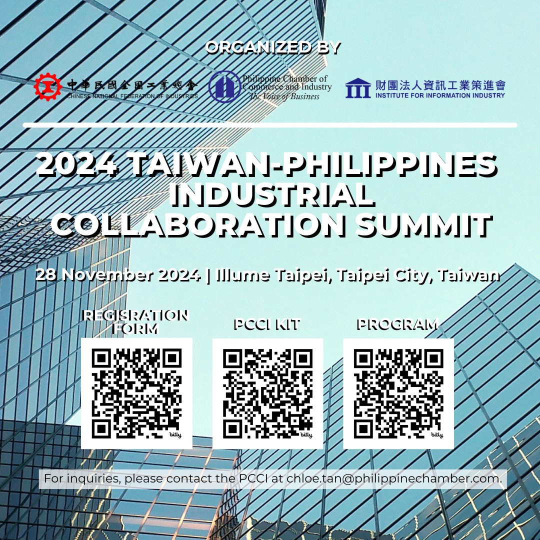 [INVITATION]

The Philippine Chamber of Commerce and Industry (PCCI) invites all interested participants to the *2024 Taiwan - Philippines Industrial Collaboration Summit* on 28 November 2024 in Taipei, Taiwan.

Read more: facebook.com/pcciofficial/p…