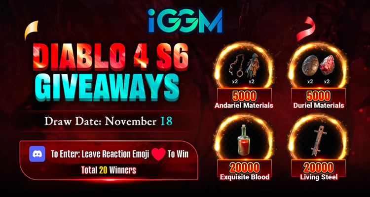😍Diablo IV Season 6 Giveaways( Season 6 SC Only ) 🎁5⃣0⃣0⃣0⃣ Duriel Mats &amp; 5⃣0⃣0⃣0⃣ Andariel Mats &amp; 2⃣0⃣0⃣0⃣0⃣ Living Steel &amp; 2⃣0⃣0⃣0⃣0⃣ Exquisite Blood   

On Discord:    
👉Leave Reaction Emoji❤️To Win
👉discord.com/invite/iggm 

🤗We will pick 2⃣0⃣ winners out on November 18