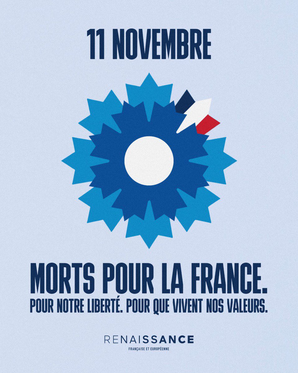 Renaissance's tweet photo. Il y a 106 ans, le #11novembre1918, les cloches sonnaient à 11h dans toute la France, marquant la fin de la Grande Guerre. 

En ce jour de commémoration, rendons hommage à nos soldats tombés pour notre liberté et nos valeurs. 

N'oublions jamais leur sacrifice. https://t.co/hQ4IjoeZA5