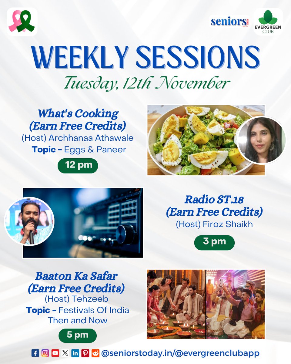 seniorstodayin's tweet image. 🎉 Get ready for an engaging day on 12th Nov with exciting sessions lined up for you!

Book your slot here - evergreenclub.in/sessions

#whatscooking #radiofun #festivalvibes #senioractivities #learnandearn #seniorstoday #evergreenclubapp #seniorstodaymagazine