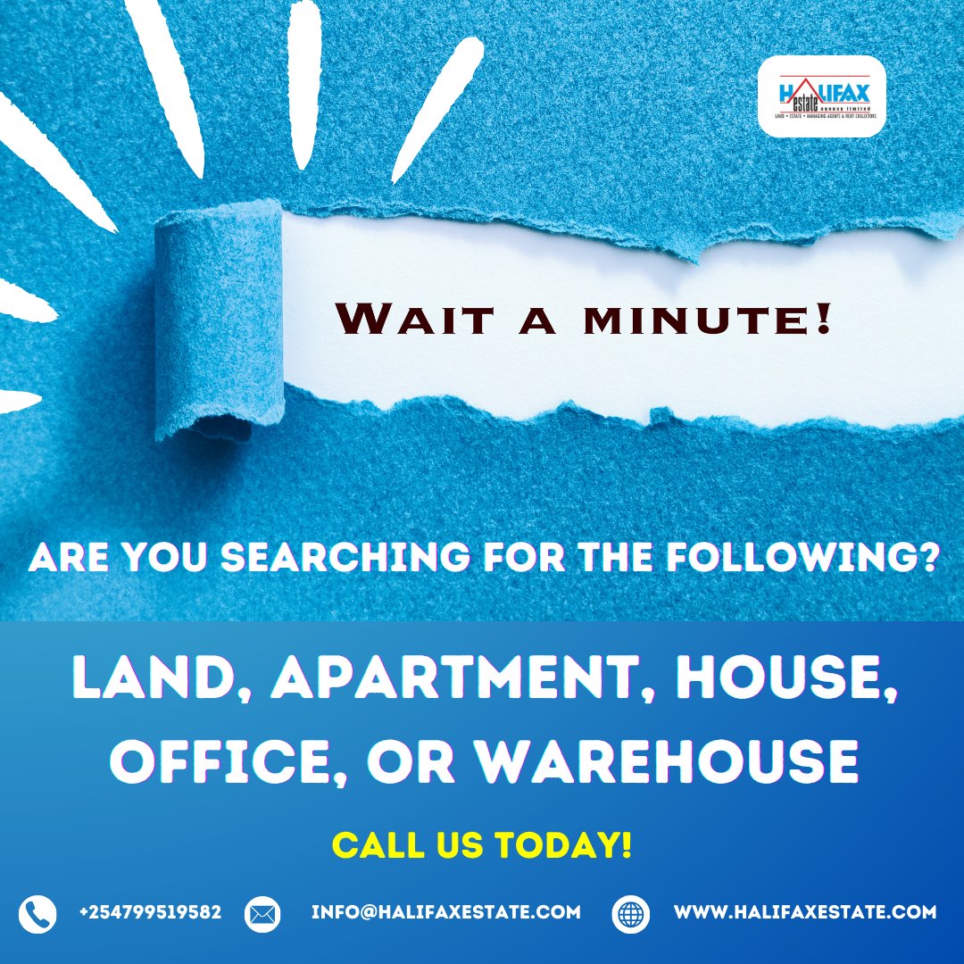 dev_octocore's tweet image. Wait a Minute!
Are you looking for land, an apartment, a house, an office, or a warehouse? Look no further! Halifax Estate Agency Ltd. has covered you with various real estate options tailored just for you.
Call us today! Let's help you find the perfect property that fits your…