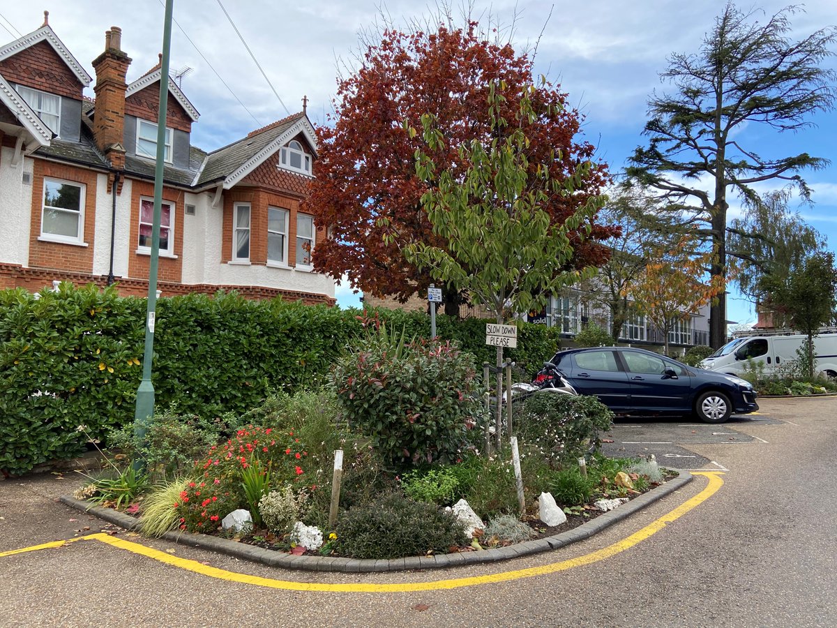 Q. Your street too narrow for trees🌳? 
A. Build out into the road 💡 

We park cars🚗in the street – but that doesn’t make it a car park

Let’s make trees and greenery a feature of ALL our streets. Aspire to live in garden streets 🌳🌷= Healthy street

👉Treesforstreets.org