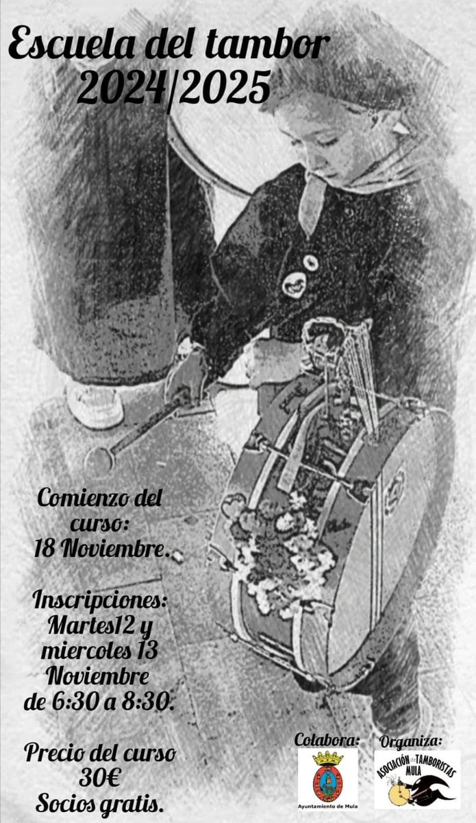 Nueva edición de la escuela del tambor. Mañana martes y miércoles se realizarán inscripciones en nuestra sede en la C/ feria de 18:30 a 20:30 horas.

#MulaSuena
#SonaránTambores