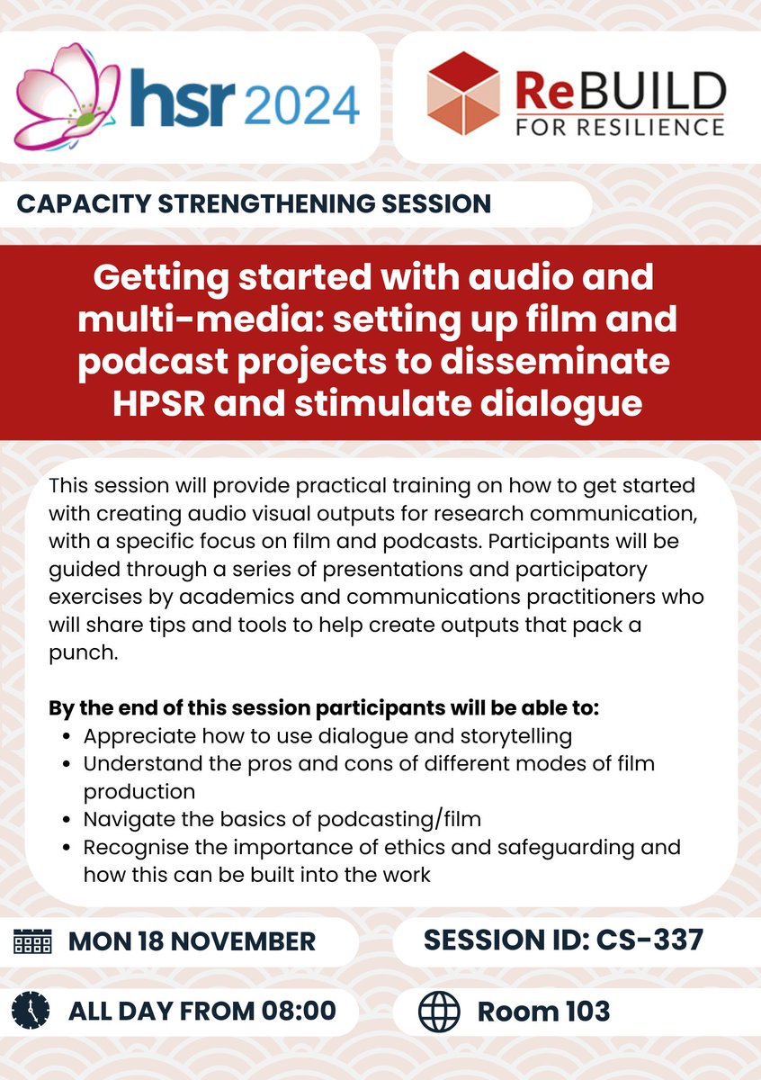 📢The #HSR2024 programme is out and there's lots of great ReBUILD panels, presentations and posters to tell you about.

Every day this week we'll focus on a symposium day and today we're kicking off with Monday 18th and our already really popular capacity strengthening session -