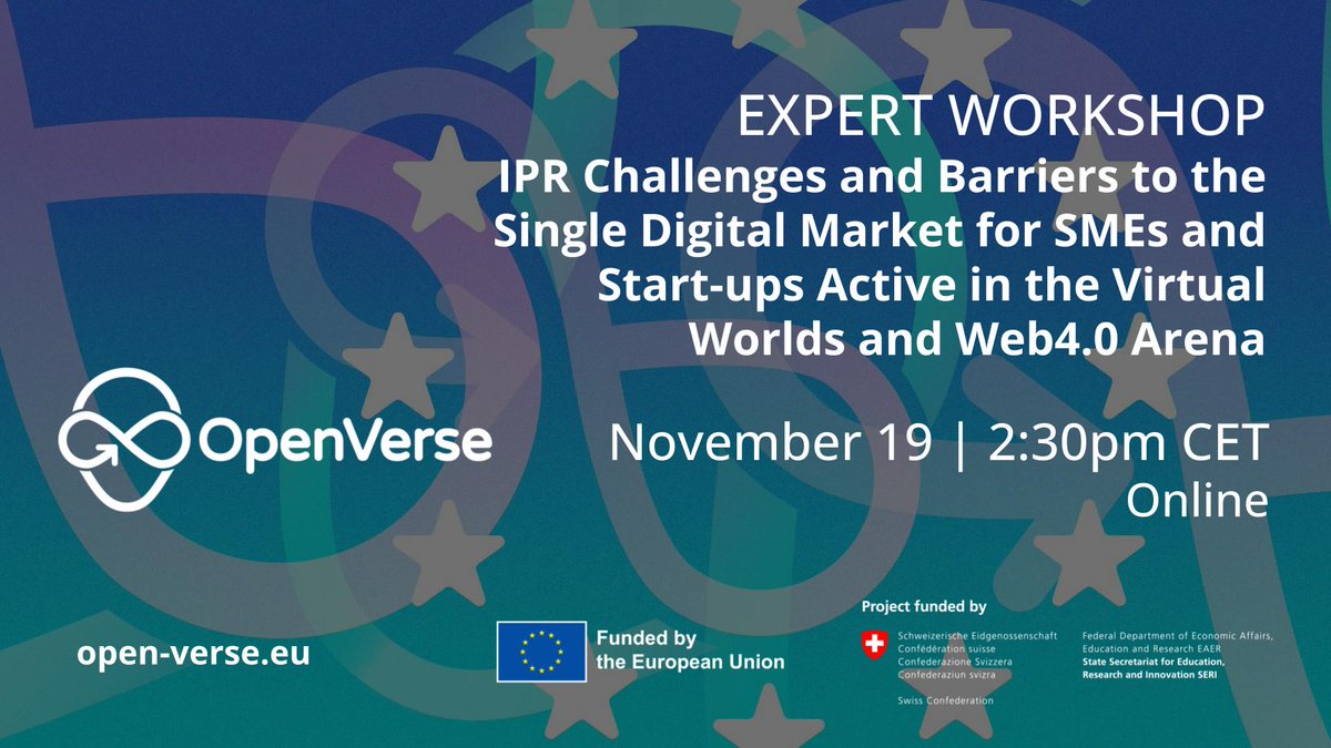 🔊Expert <a href="/openverse_eu/">OPENVERSE</a> Workshop alert: 
📩Please register to a unique #workshop 
💡to dive into challenges and opportunities of SMEs and startups within #VirtualWorlds #intellectualproperty #Web4.0

open-verse.eu/event/openvers…
 #openverse