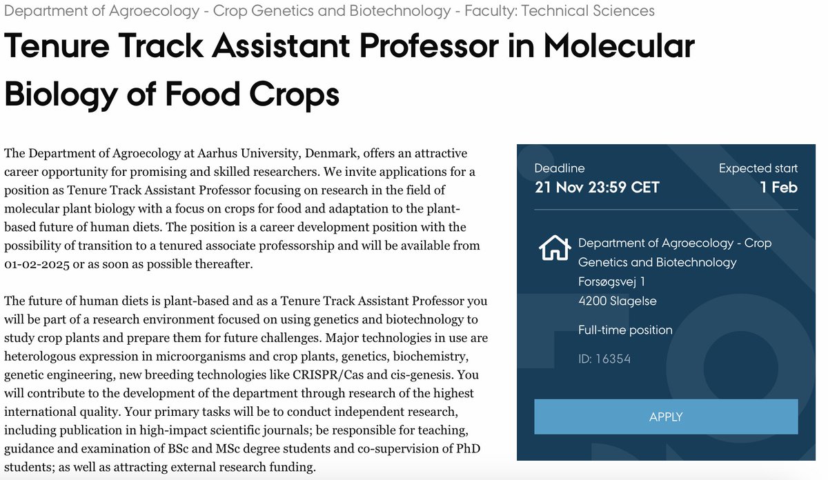 Zurich-Basel Plant Science Center (@plantscicenter) on Twitter photo We would like to share this job announcement with you. Tenure Track Assistant Professor in Molecular Biology of Food Crops at the Department of #Agroecology <a href="/AarhusUni_int/">Aarhus University</a> agro.au.dk/en/current-new…
#careers #plantsciences We would like to share this job announcement with you. Tenure Track Assistant Professor in Molecular Biology of Food Crops at the Department of #Agroecology <a href="/AarhusUni_int/">Aarhus University</a> agro.au.dk/en/current-new…
#careers #plantsciences