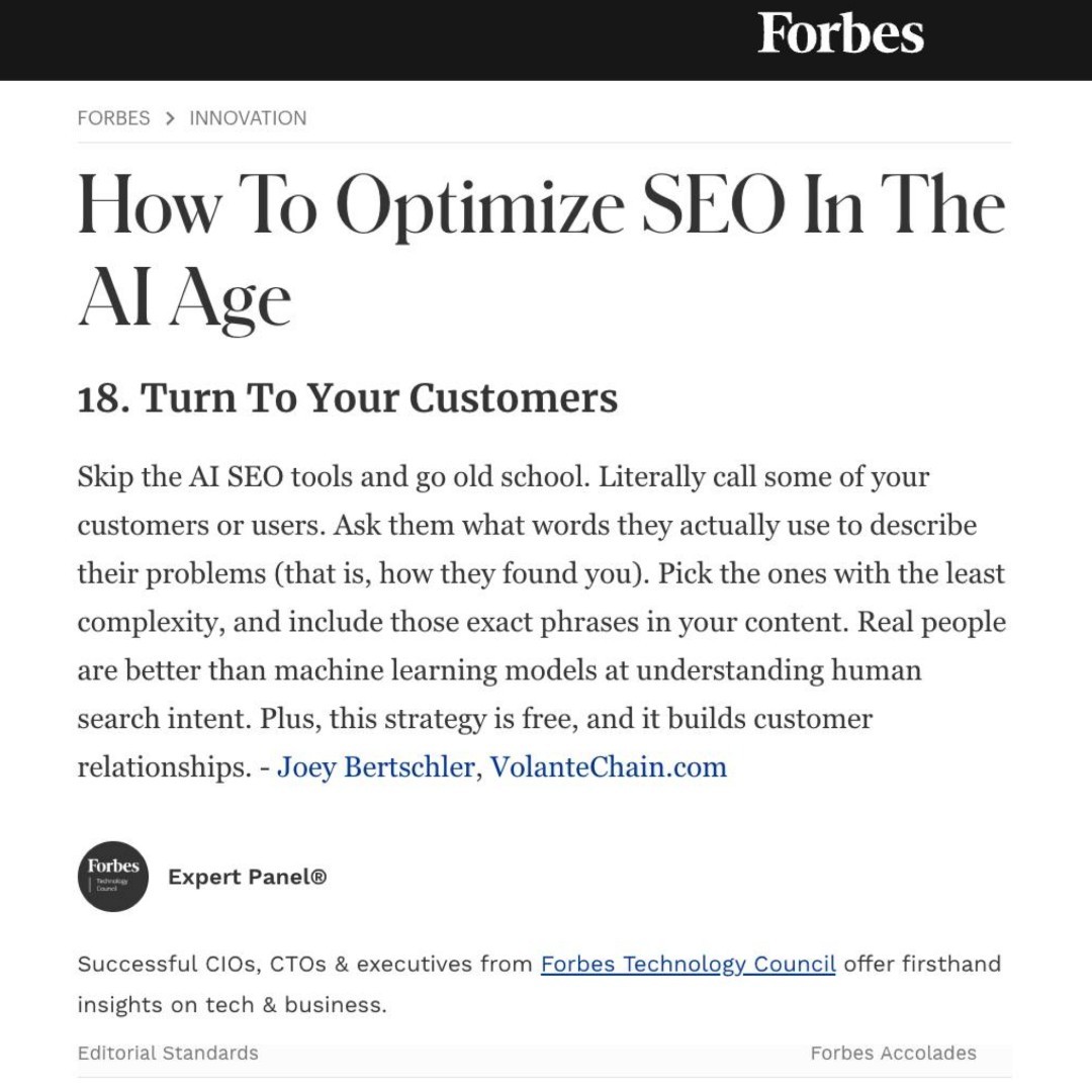 AI SEO tools < Actually talking to customers
Use their words. Build better content. Source: forbes.com/councils/forbe… #SEO #CustomerResearch