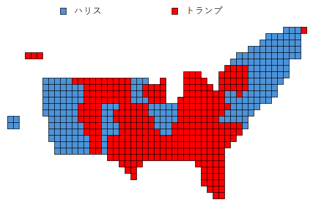 midorimushi365's tweet image. 地図だと分かりづらいので
選挙人の票数を面積にしてみた #アメリカ大統領選 。
北東が実際の面積より
めっちゃ膨れてるのが分かる。
（手で数えてエクセルで
１パネルずつ色塗ったので、
数え間違いはご愛敬）
民主党は政策と体制の見直しを。
#PresidentialElection2024