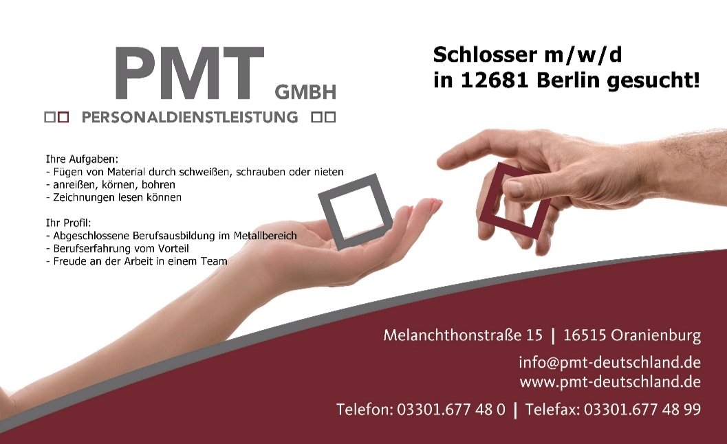 Hallo wir suchen #schlosser #metallbauer #industriemechaniker in #berlin 

Schickt uns eure #bewerbung an
bewerbung@pmt-deutschland.de 

#pmt #pmt_personal #pmtgmbh #potsdam
#jobs #jobsuche #jobsohv #jobsoberhavel
#berlin #jobs #jobsuche #berlinjobs #jobsinberlin #jobangebot