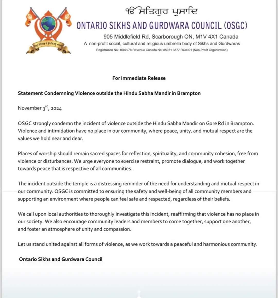 JasbirGillKSMP's tweet photo. OSGC has done right thing by condemning religious violence at Hindu Mandir in Canada. Let us all stand together to stop this hate and parmote love,respect &amp; friendship among all religions, castes &amp; communities https://t.co/r32SDpeDHz
