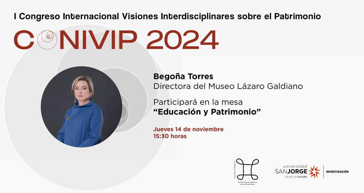 ¡I Congreso Internacional Visiones Interdisciplinares sobre el Patrimonio!

👤 Begoña Torres, directora del Museo Lázaro Galdiano, participará en la mesa “Educación y Patrimonio”.
🗓️ 14/11 a las 15:30 h.

🔗 Más información sobre la ponencia y el congreso: patrimoniocultural.usj.es/index.php/i-co…