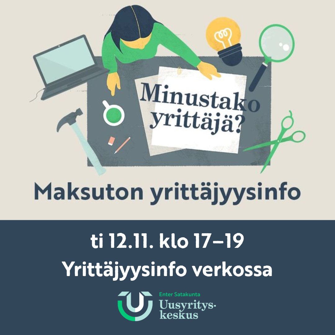 Kiinnostaako yrittäjyys? Osallistu "Minustako yrittäjä?" infoon verkossa ti 12.11. klo 17–19!

✨Ilmoittaudu nyt: prizz.fi/yrityspalvelut…

#yrittäjyys #uusyrityskeskusentersatakunta #entersatakunta #uusyrityskeskus #prizztech