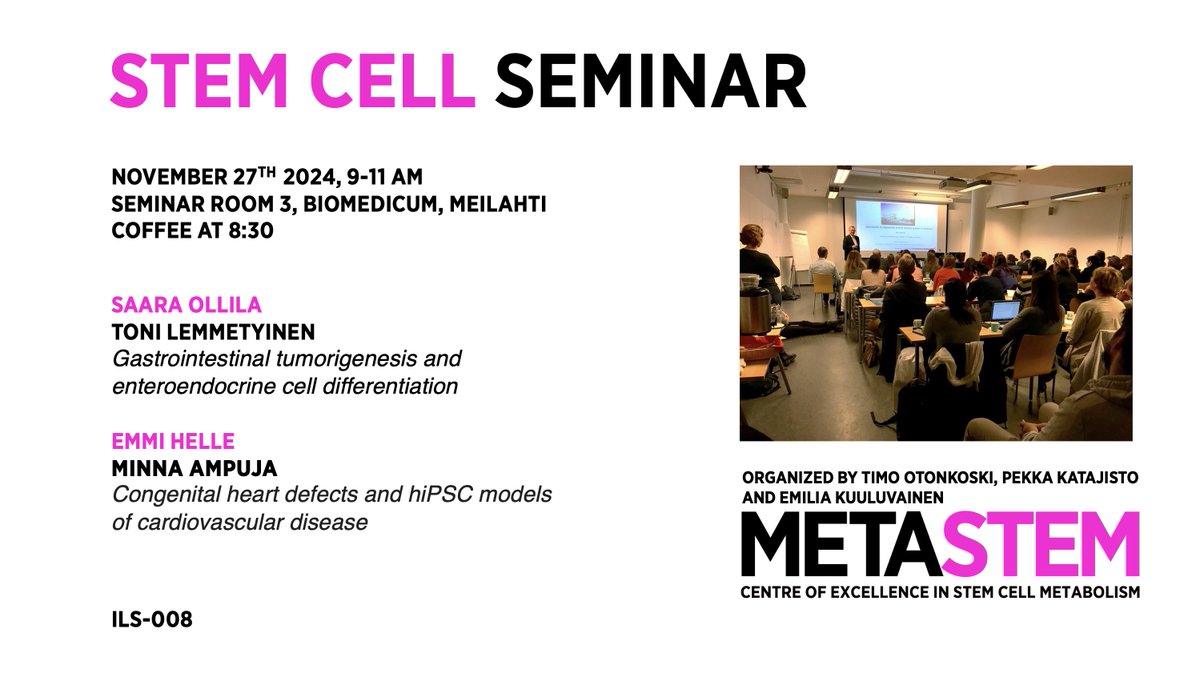 MetaStem (@metastem_center) on Twitter photo Gut and Heart next up in our Stem Cell Seminar series when the groups of <a href="/SaaraOllila/">Saara Ollila</a> and <a href="/EmmiHelle/">Emmi Helle</a> share their exciting research, note unusually on a Wednesday, Nov 27th 9-11 am in Meilahti☕️🍪 at 8:30, Welcome! <a href="/HelsinkiUniMed/">Medicine and Health, University of Helsinki</a> <a href="/LifeSciHelsinki/">Life Sciences University of Helsinki</a> <a href="/STEMMProgram/">STEMM Research Program</a> <a href="/MIBS_Helsinki/">@MIBS-Helsinki</a> Gut and Heart next up in our Stem Cell Seminar series when the groups of <a href="/SaaraOllila/">Saara Ollila</a> and <a href="/EmmiHelle/">Emmi Helle</a> share their exciting research, note unusually on a Wednesday, Nov 27th 9-11 am in Meilahti☕️🍪 at 8:30, Welcome! <a href="/HelsinkiUniMed/">Medicine and Health, University of Helsinki</a> <a href="/LifeSciHelsinki/">Life Sciences University of Helsinki</a> <a href="/STEMMProgram/">STEMM Research Program</a> <a href="/MIBS_Helsinki/">@MIBS-Helsinki</a>