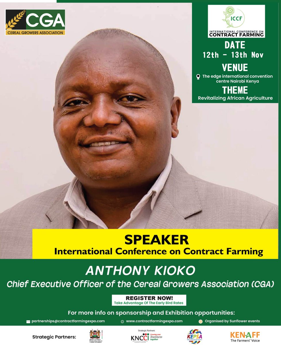 cerealgrowerske's tweet photo. Access to markets is crucial for Kenya's agricultural sector, which employs almost 40% of the total population and is a pillar of the rural economy. The significance of market access in agribusiness is underscored by its role in:

✅ Generating Income
✅ Enhancing Farm Productivity
✅ Adding Value and Diversifying Products
✅ Providing Access to Agricultural Information and Resources
✅ Stabilizing Prices and Minimizing Post-Harvest Losses (PHLs)
✅ Empowering Smallholder Farmers
✅ Creating Employment Opportunities.

Our CEO, Anthony Kioko, will be speaking at the International Conference on Contract Farming(ICCF) focusing on Market Access. The ICCF will be held from November 12th to 13th at The Edge International Convention Center!

Join us!

#togetherwegrow