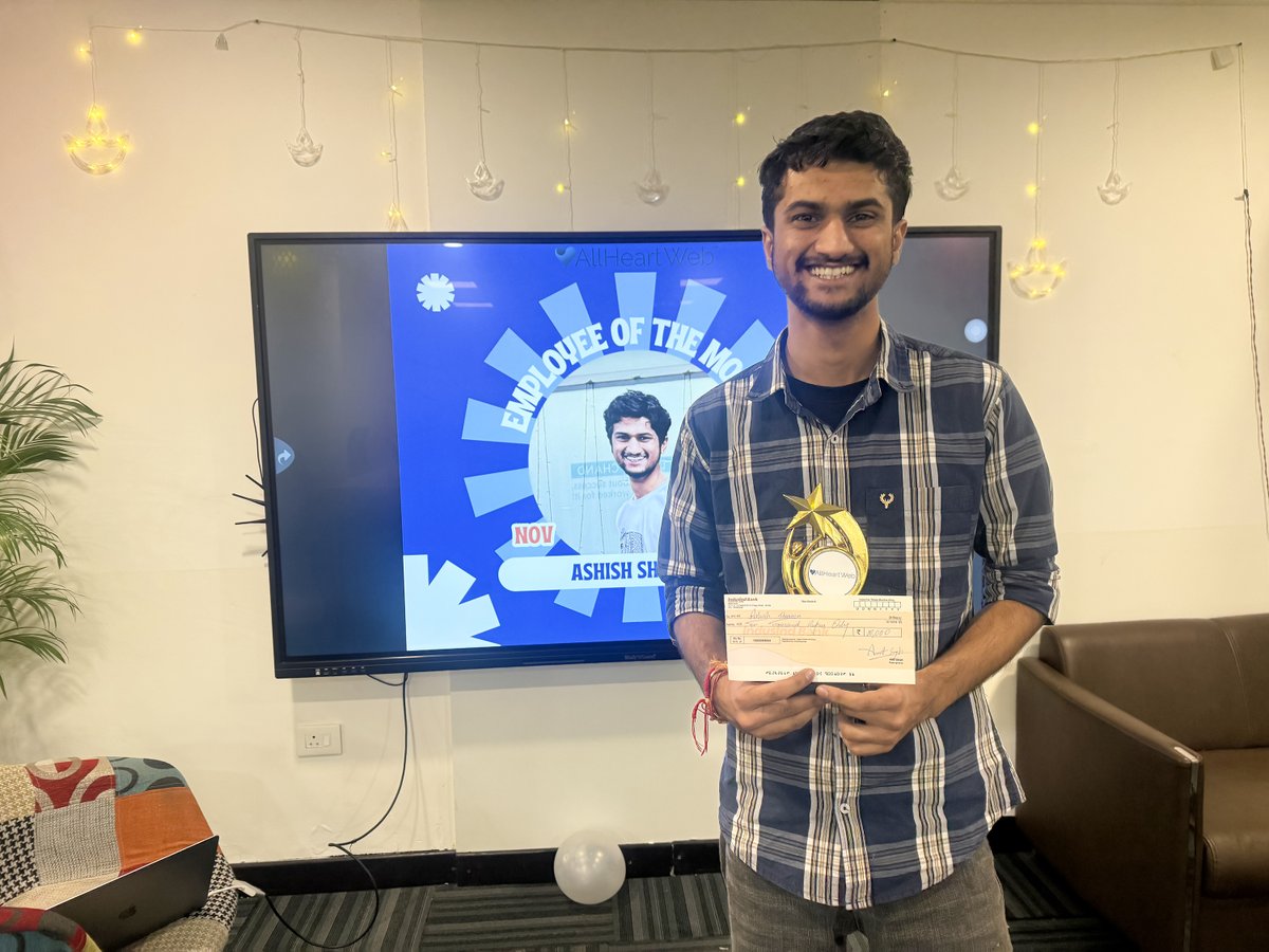 AllHeartWeb's tweet photo. 🎉 Congratulations to our Employee of the Month, Ashish Sharma! 🎉

We are thrilled to recognize Ashish’s outstanding dedication and exceptional work. For consistently going above and beyond, Ashish is being rewarded with Rs.10,000 Bonus! 💰✨
#EmployeeOfTheMonth #Recognition https://t.co/JZ5Ak8U4u5