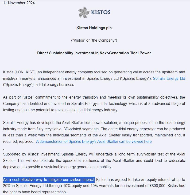 PerpetualValue's tweet image. Kistos #KIST making an investment in Spiralis Energy, a tidal energy business

"As a cost effective way to mitigate our carbon impact"
"supporting the energy transition"
"sustainability commitments"

How about just going back to producing Oil &amp;amp; Gas to provide energy for people?