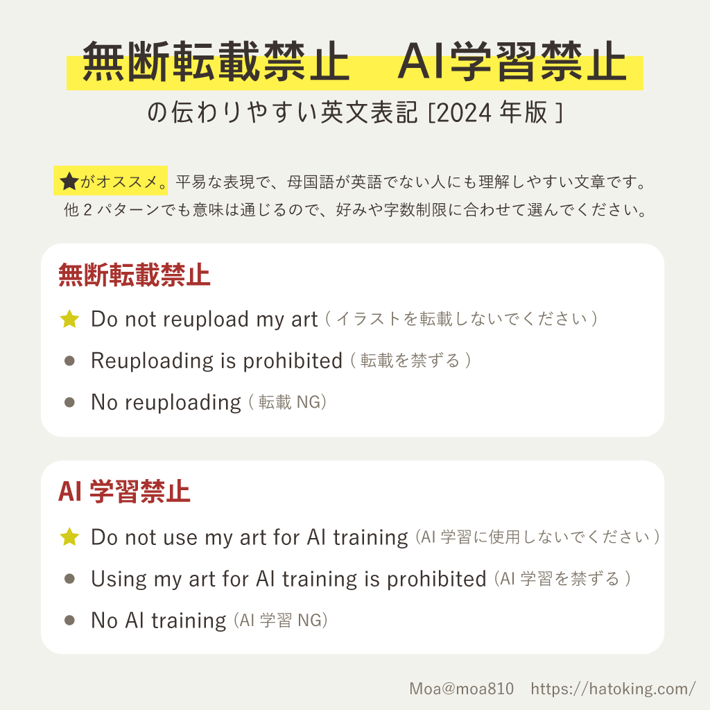 【2024年版】「無断転載禁止」「AI学習禁止」の英文表記をまとめました。英語圏の方々に相談して作成したので、現状これらが有用かと思います。プロフィール文やウォーターマークにご利用ください。🧵コピペ用の英文は下記に繋ぎます→