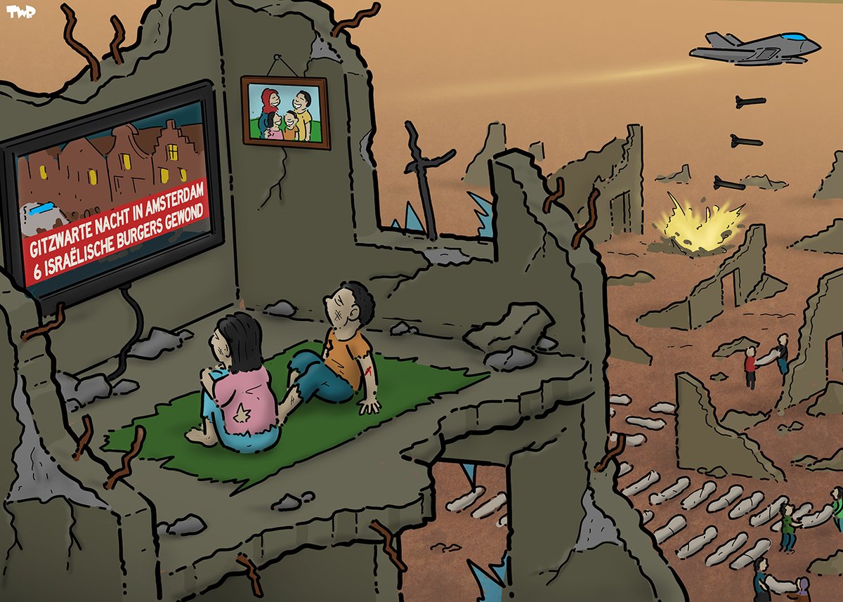 Royaards's tweet photo. Gitzwarte nacht in Amsterdam. Cartoon voor @trouw.

#Gaza #Israel #Amsterdam https://t.co/CXvqEkBDfu