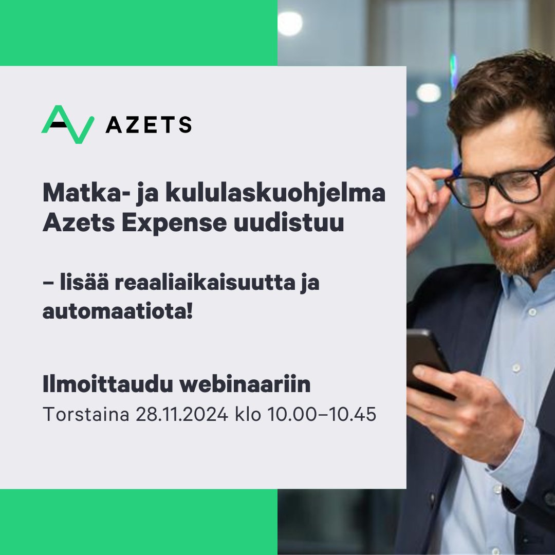 🛫 Sujuvaa matkalaskujen hallintaa reaaliajassa – tervetuloa webinaariin!🛬

Liity mukaan ja automatisoi matkalaskut nykyaikaisella teknologialla!
Ilmoittaudu tästä » bit.ly/40FQJmE

#AzetsExpense #webinaari