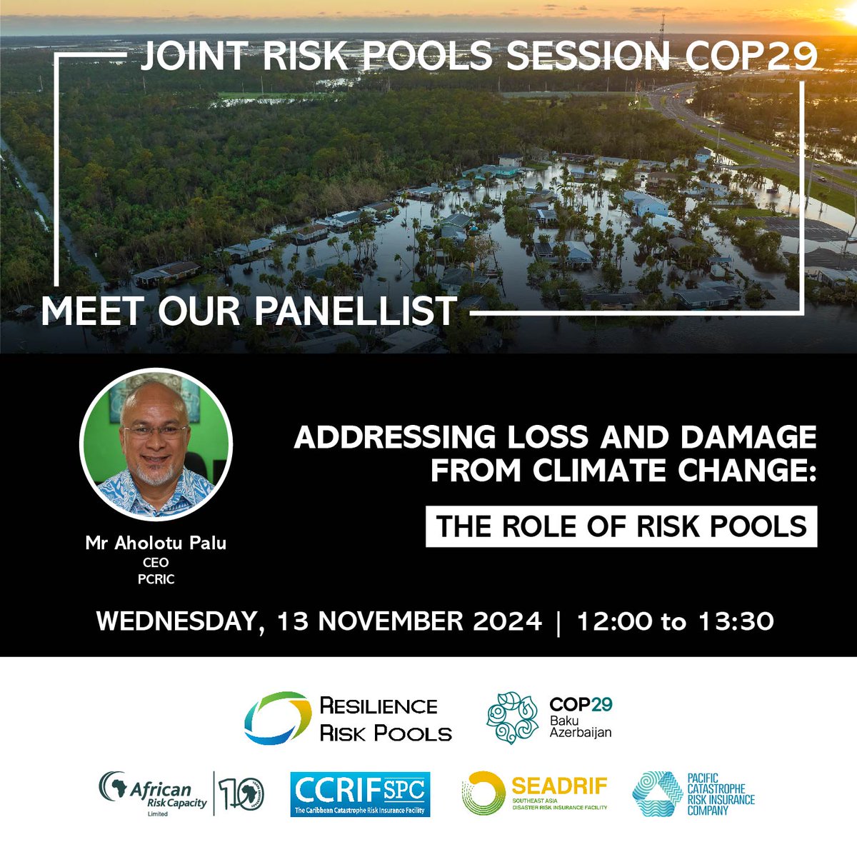 PacificInsuran2's tweet photo. PCRIC CEO Mr. Aholotu Palu will join the other Regional Risk Pool leaders during #COP29 for a panel discussion unpacking the role the #RiskPools play in proactively addressing #loss and #damage from #climatechange. https://t.co/M9kKid8vt6