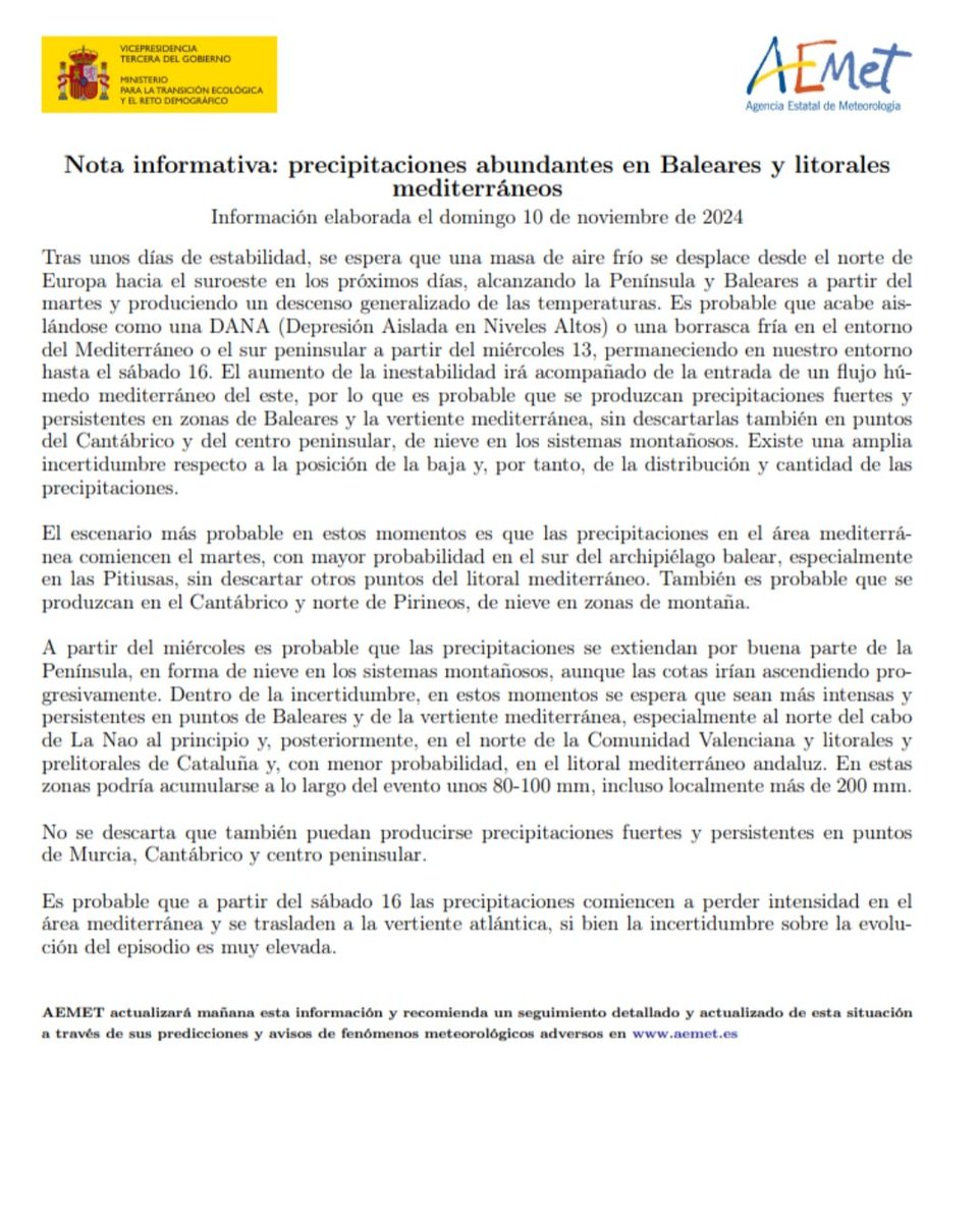 Hay que estar atent@s a las predicciones metereológicas de AEMET. Actuar a tiempo, puede salvar vidas. Por favor, todas las medidas que hagan falta para que no se vuelva a repetir. Todo mi apoyo a l@s valencian@s y la tierra tan bonita hermana. 🙏💚🌍
#Dana